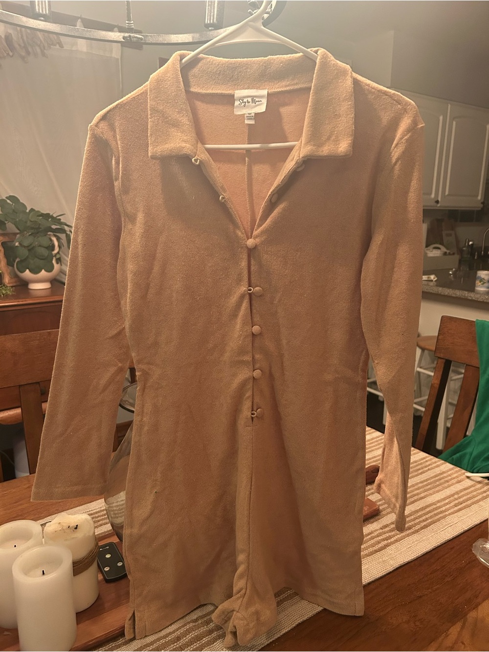 Light Brown Button-Front Long Sleeve jumpsuit shorts.